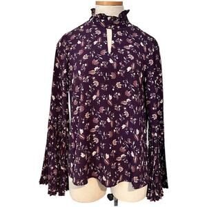 Charming Charlie High Neck Bell Sleeve Floral Top Blouse Size S Purple Plum